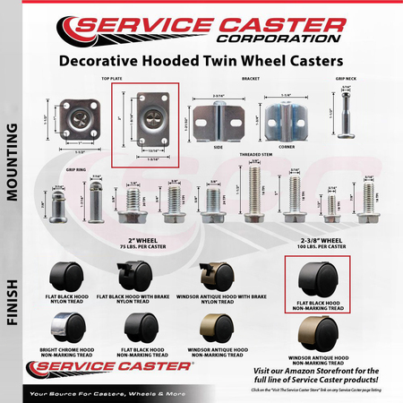 Service Caster 2-3/8'' Floor Safe Black Hooded Twin Wheel Caster Top Plate, 5PK SCC-TP02S60D-NYU-FB-TP2-5
